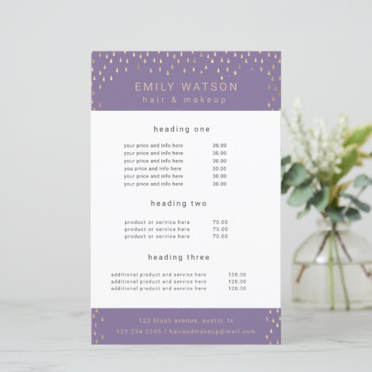 金ゴールド雨フェイク滴箔サービスと価格フライヤー (スタンド正面)