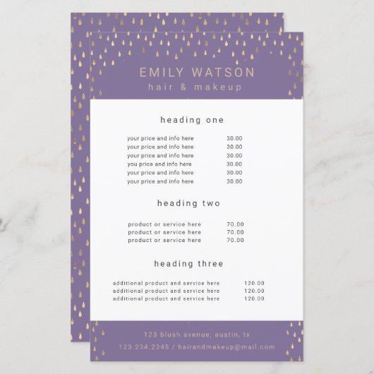 金ゴールド雨フェイク滴箔サービスと価格フライヤー (正面/裏面)