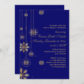 金ゴールド雪のブルーウィンターウェディングブライダルシャワー 招待状 (正面/裏面)