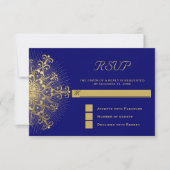 金ゴールド雪の上の青い冬の結婚式RSVP返信 出欠カード (正面)