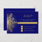 金ゴールド雪の上の青い冬の結婚式RSVP返信 出欠カード (正面/裏面)