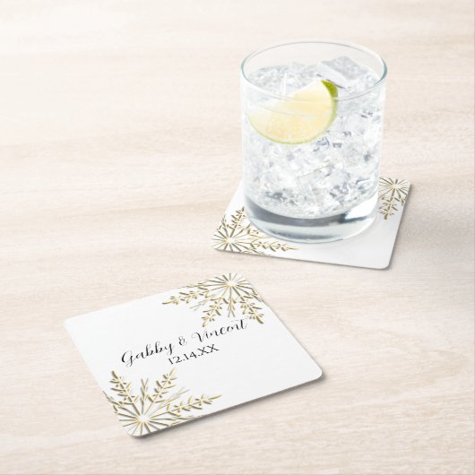 金ゴールド雪の白い冬の結婚式 スクエアペーパーコースター (インサイチュ)