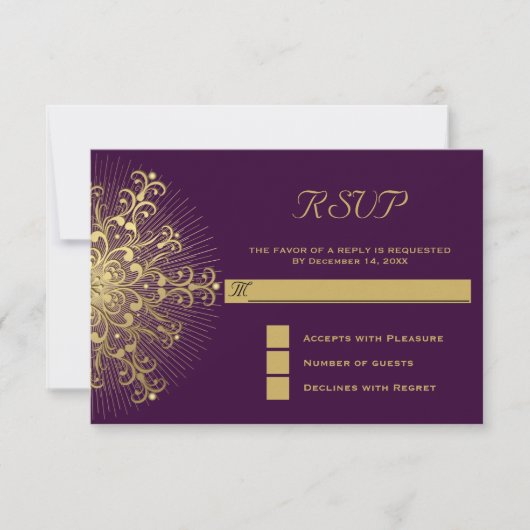 金ゴールド雪の紫色の冬の結婚式RSVP返信 出欠カード (正面)