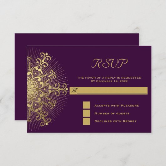 金ゴールド雪の紫色の冬の結婚式RSVP返信 出欠カード (正面/裏面)