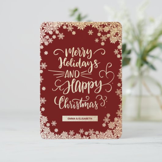 金ゴールド雪の降る赤い写真のクリスマスホリデーカード サンキューカード (スタンド正面)