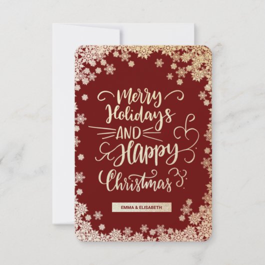 金ゴールド雪の降る赤い写真のクリスマスホリデーカード サンキューカード (正面)