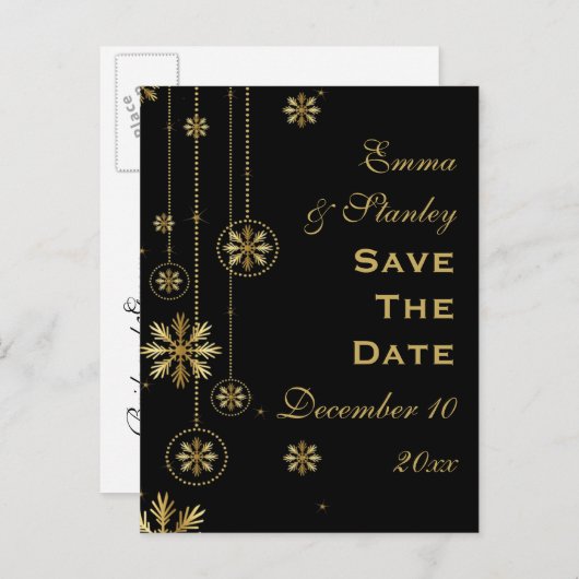 金ゴールド雪の黒い冬の結婚式の日付を保存 案内ポストカード (正面/裏面)