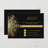 金ゴールド雪の黒い冬の結婚式RSVP返信 出欠カード (正面/裏面)