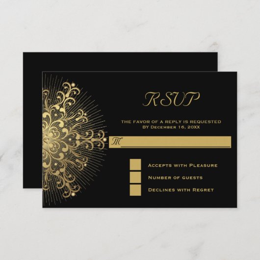金ゴールド雪の黒い冬の結婚式RSVP返信 出欠カード (正面/裏面)