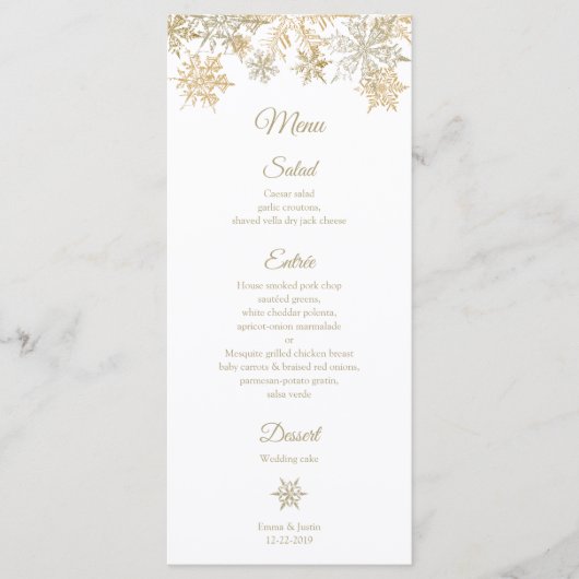 金ゴールド雪エレガント雪の冬の結婚式のラッカード メニュー (正面)
