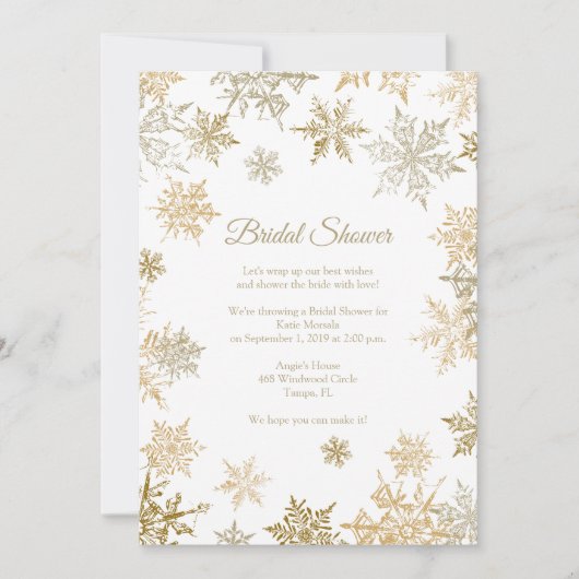 金ゴールド雪エレガント雪冬ブライダルシャワー 招待状 (正面)