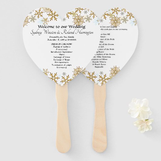 金ゴールド雪片ハート形の結婚ファンプログラム ハンドファン (正面&裏面)