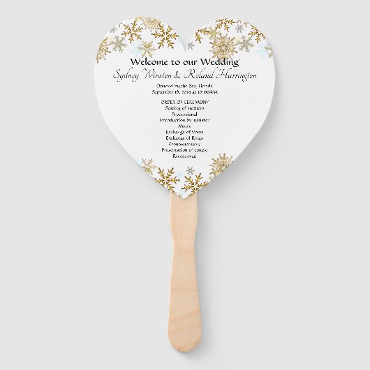 金ゴールド雪片ハート形の結婚ファンプログラム ハンドファン (正面)