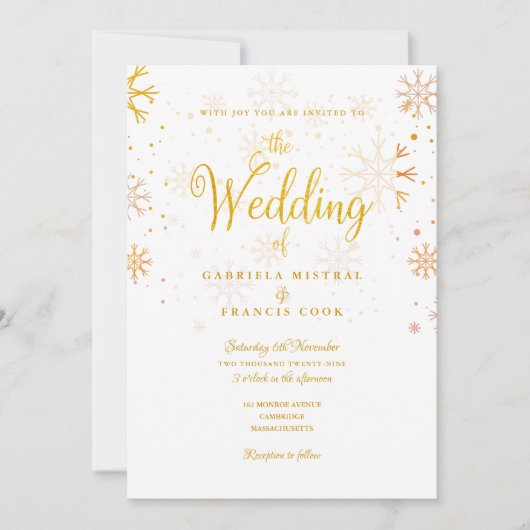 金ゴールド雪片フォトウィンターウェディング 招待状 (正面)