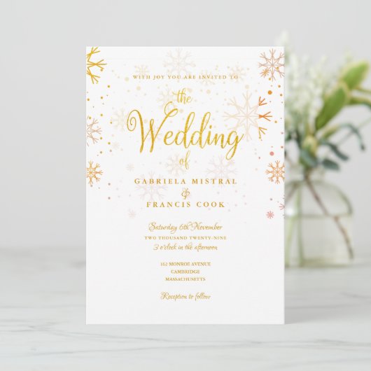金ゴールド雪片フォトウィンターウェディング 招待状 (スタンド正面)