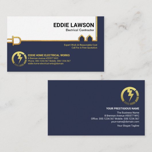 金ゴールド電スタイリッシュ力線電気工事請負業者 名刺 (正面/裏面)