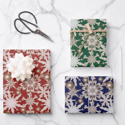 金ゴールド霜の降りたトリミング雪片ラッピング紙彼女 ラッピングペーパーシート (正面)