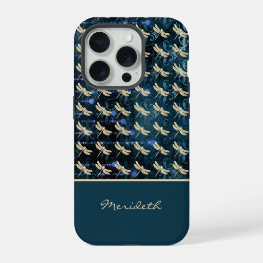 金ゴールド青い緑のヴィンテージのトンボの背景 iPhoneケース (裏面)