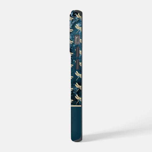 金ゴールド青い緑のヴィンテージのトンボの背景 iPhoneケース (左側面)