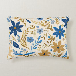 金ゴールド青と白のフローラ アクセントクッション