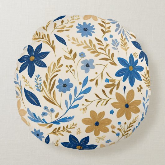 金ゴールド青と白のフローラ ラウンドクッション (正面)