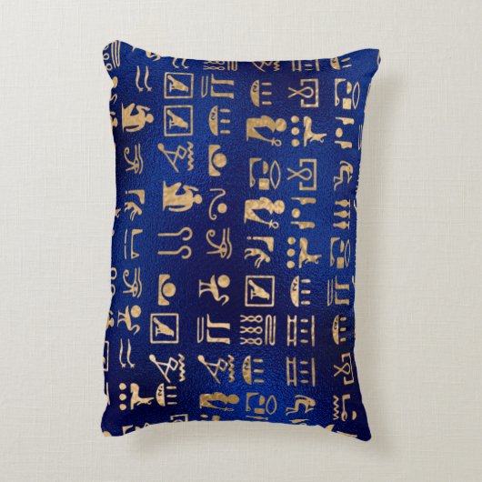 金ゴールド青のエジプトの象形文字 アクセントクッション (裏面(縦))