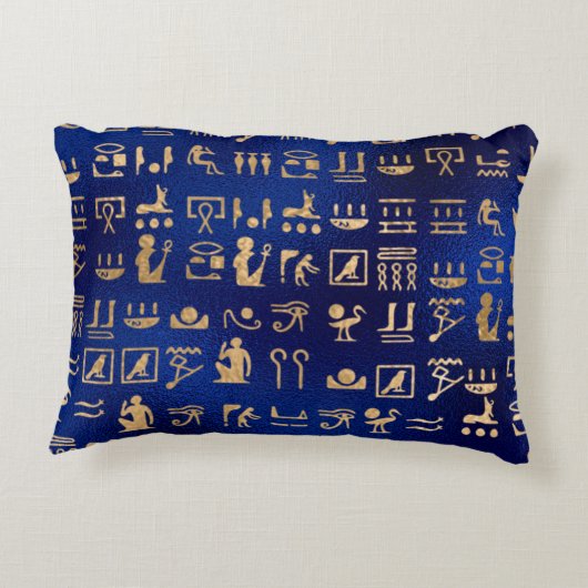 金ゴールド青のエジプトの象形文字 アクセントクッション (裏面)
