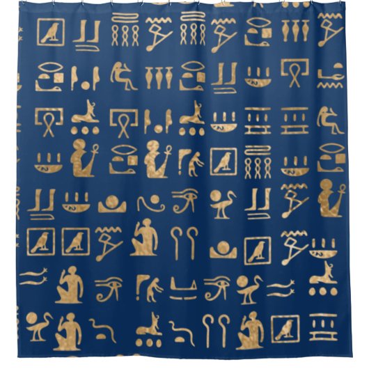 金ゴールド青のエジプトの象形文字 シャワーカーテン (正面)