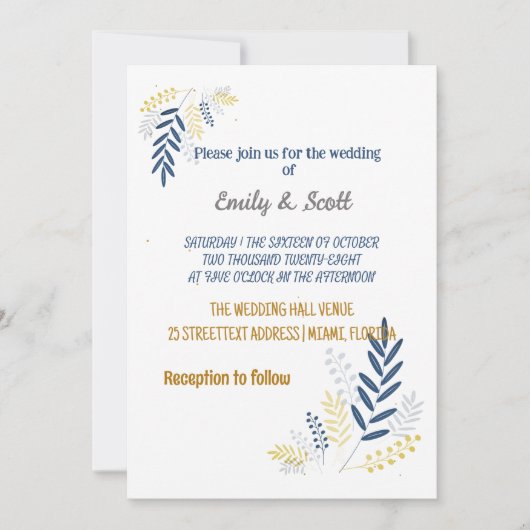 金ゴールド青の枝の結婚式招待状 招待状 (正面)