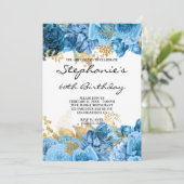 金ゴールド青フローラ縁ど60誕生日 招待状 (スタンド正面)