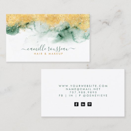 金ゴールド青モダン緑の水色 名刺 (正面/裏面)