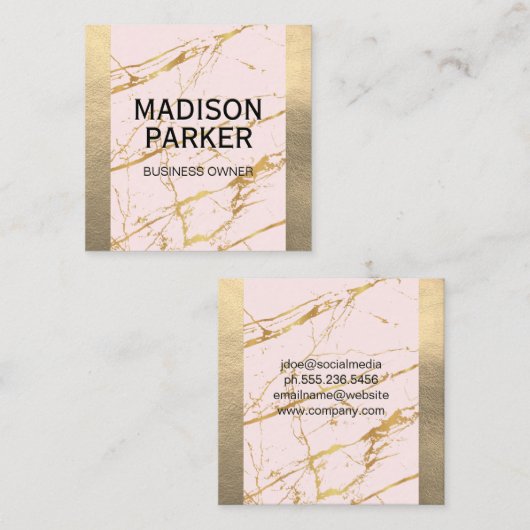 金ゴールド革 |ピンク金ゴールド大理石抽象芸術 スクエア名刺 (正面/裏面)
