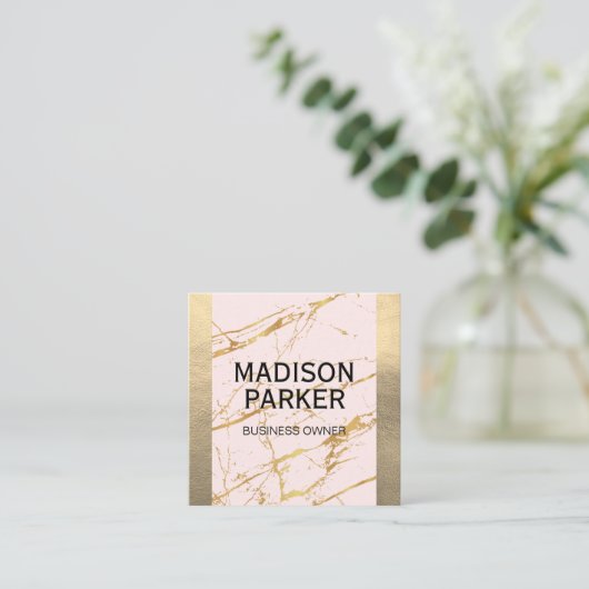 金ゴールド革 |ピンク金ゴールド大理石抽象芸術 スクエア名刺 (スタンド正面)