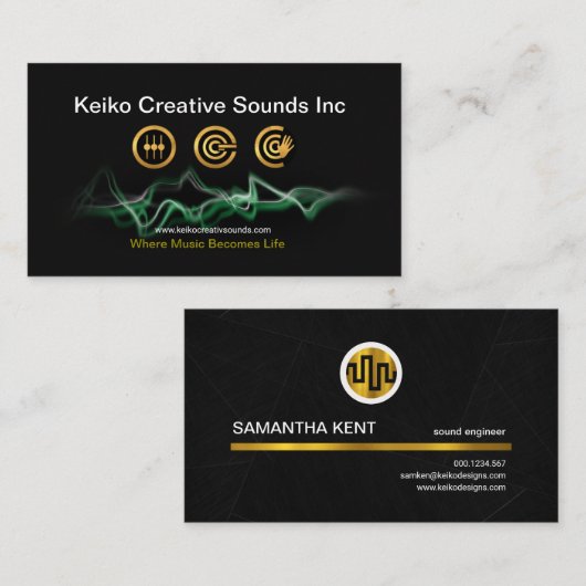 金ゴールド音楽アイコングリーン・ウェーブの音響技師 名刺 (正面/裏面)