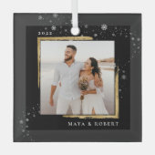 金ゴールド額写真クリスマスホリデー ガラスオーナメント (正面)