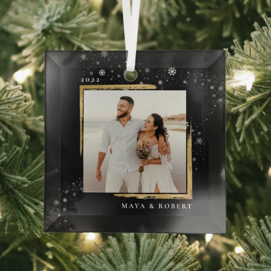 金ゴールド額写真クリスマスホリデー ガラスオーナメント (インサイチュ)