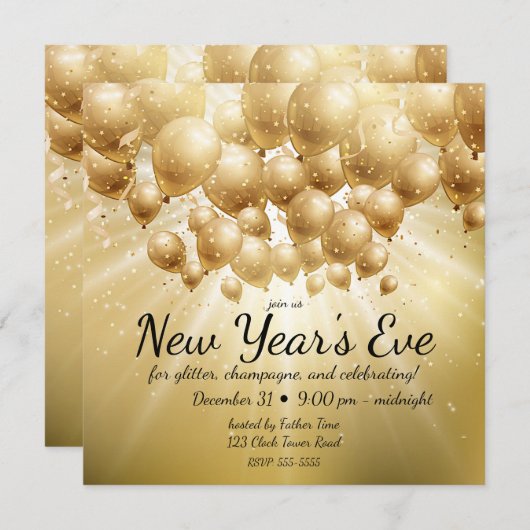 金ゴールド風船とグリッター大晦日パーティー 招待状 (正面/裏面)