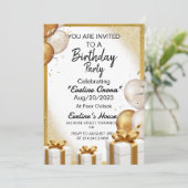 金ゴールド風船ギフト誕生日招待状 招待状 (スタンド正面)