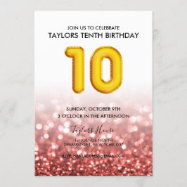 金ゴールド風船レッドグリッター10歳誕生日パーティー 招待状