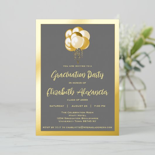 金ゴールド風船卒業パーティー 箔招待状 (立ち正面)