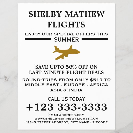 金ゴールド飛行機アイコン、エアライン広告ズフライヤー チラシ (正面)