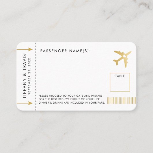 金ゴールド飛行機チケット搭乗パスプレイスエスコートカード プレイスカード (正面)