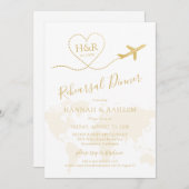 金ゴールド飛行機ハートマップのリハーサルディナー 招待状 (正面/裏面)