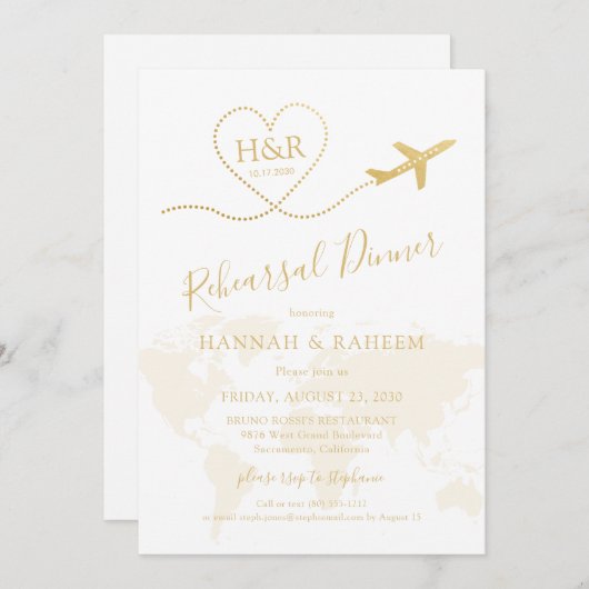 金ゴールド飛行機ハートマップのリハーサルディナー 招待状 (正面/裏面)
