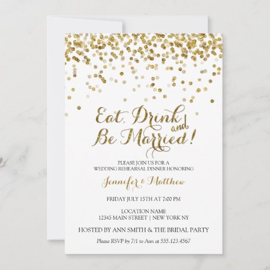 金ゴールド食べグリッタードリンクベリハ結婚したーサルディナー 招待状 (正面)