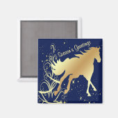 金ゴールド馬金ゴールドアクセント付きブルーシーズンズあいさつ マグネット (正面/裏面)