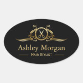 金ゴールド高級美しいサロンヘアカットシザーロゴ 楕円形シール (正面)
