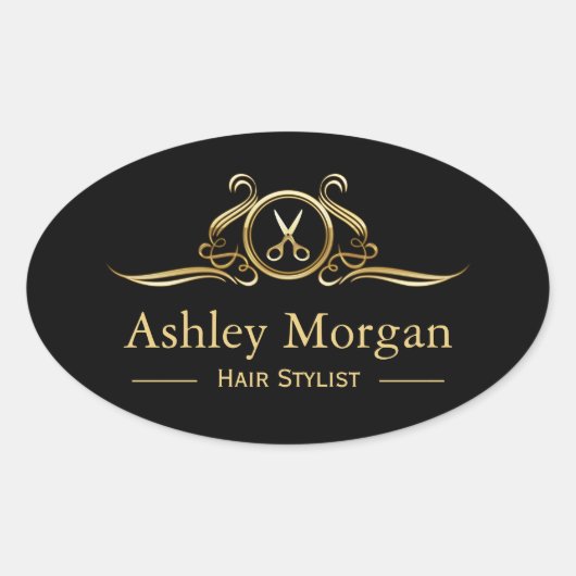 金ゴールド高級美しいサロンヘアカットシザーロゴ 楕円形シール (正面)