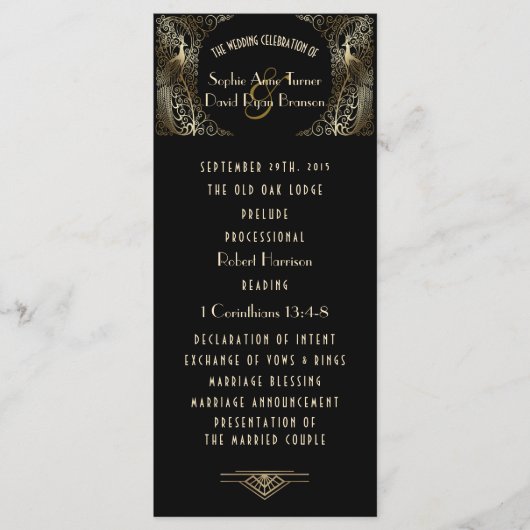 金ゴールド魅力的アールデコピーコック結婚式 プログラム (正面)