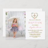 金ゴールド魅力的クロスフローラガールフォトバプテスマ 招待状 (正面/裏面)
